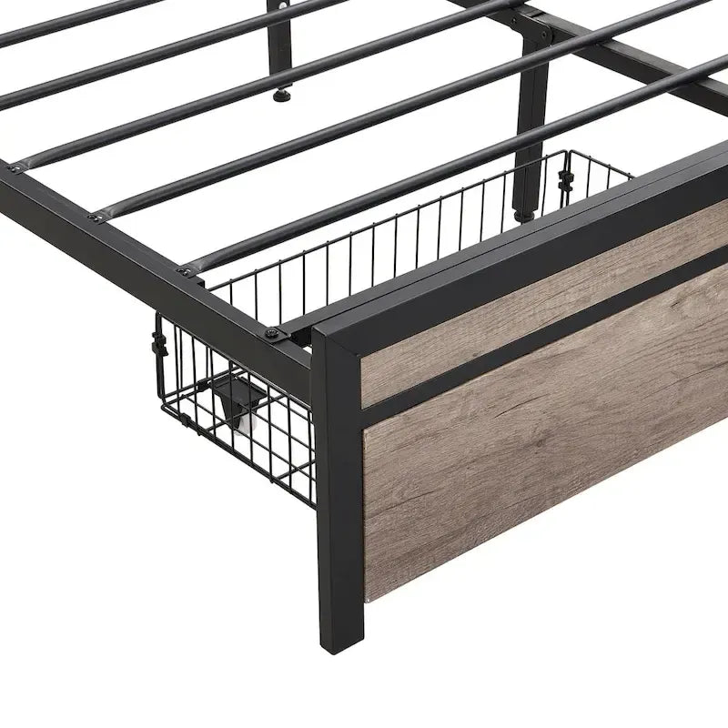 Black & Grey Full Size Metal Platform Bed with Upholstered Headboard, Sleeps 1-2