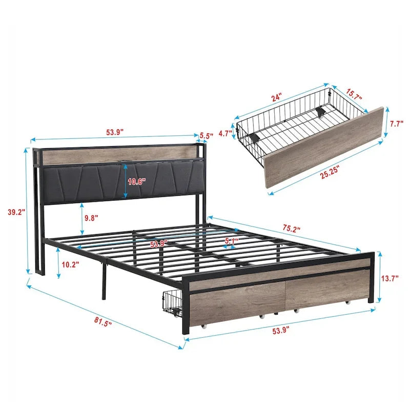 Black & Grey Full Size Metal Platform Bed with Upholstered Headboard, Sleeps 1-2