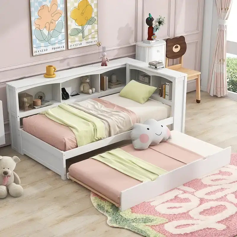 White/Wood Twin Daybed with Trundle, 5 Storage Cabinets & USB Charging – Sleeps 2