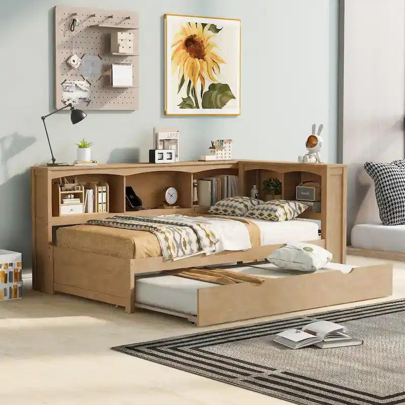 White/Wood Twin Daybed with Trundle, 5 Storage Cabinets & USB Charging – Sleeps 2
