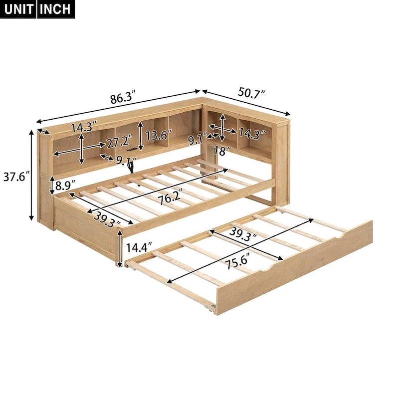 White/Wood Twin Daybed with Trundle, 5 Storage Cabinets & USB Charging – Sleeps 2