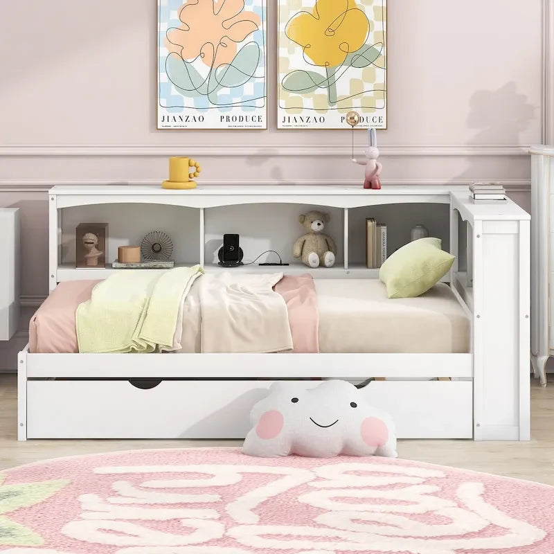 White/Wood Twin Daybed with Trundle, 5 Storage Cabinets & USB Charging – Sleeps 2