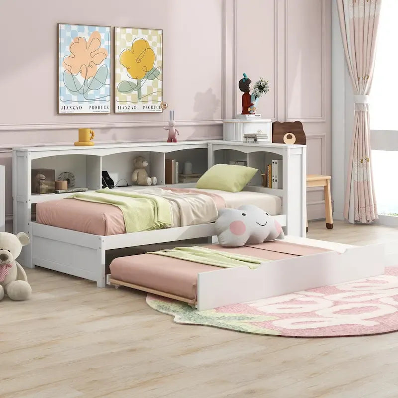 White/Wood Twin Daybed with Trundle, 5 Storage Cabinets & USB Charging – Sleeps 2