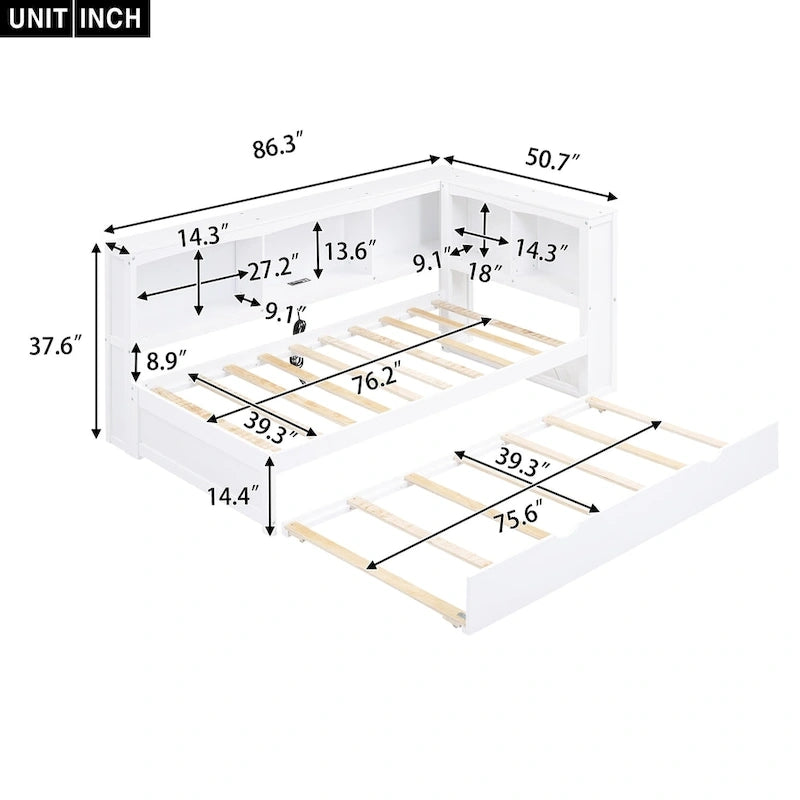 White/Wood Twin Daybed with Trundle, 5 Storage Cabinets & USB Charging – Sleeps 2