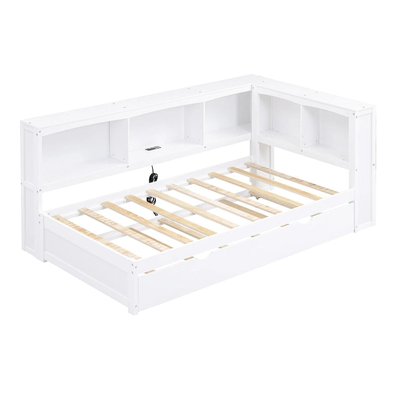 White/Wood Twin Daybed with Trundle, 5 Storage Cabinets & USB Charging – Sleeps 2