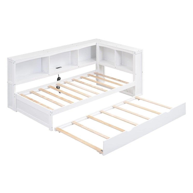 White/Wood Twin Daybed with Trundle, 5 Storage Cabinets & USB Charging – Sleeps 2