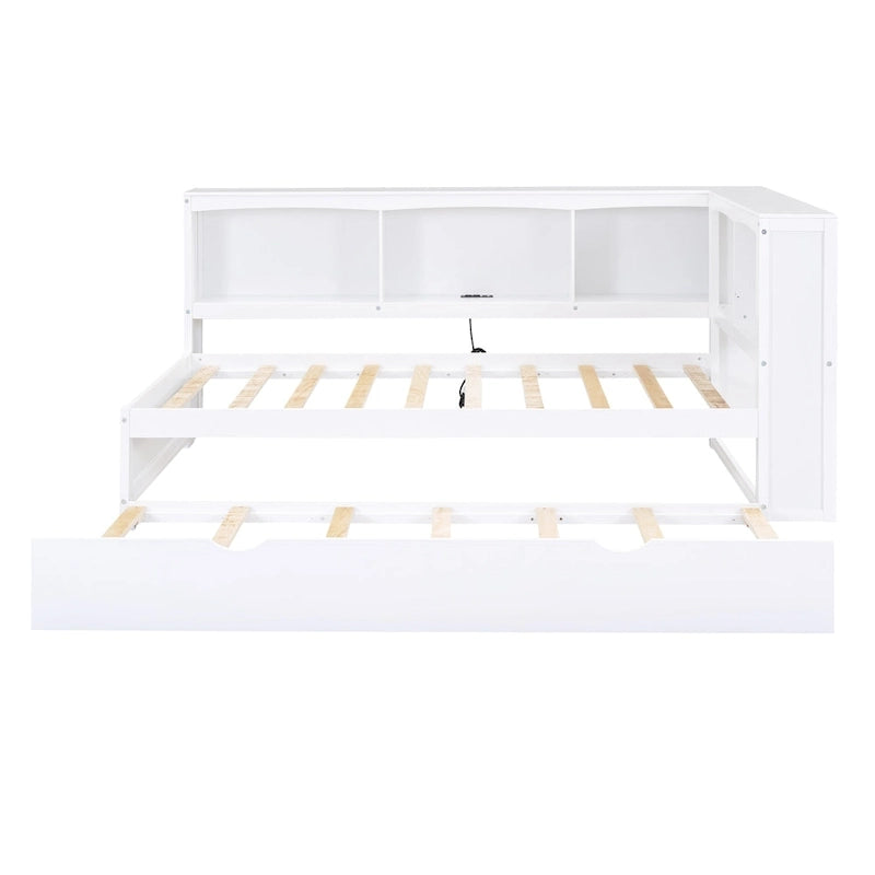 White/Wood Twin Daybed with Trundle, 5 Storage Cabinets & USB Charging – Sleeps 2
