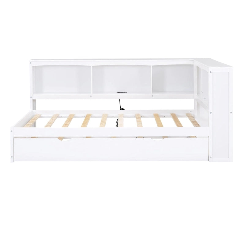 White/Wood Twin Daybed with Trundle, 5 Storage Cabinets & USB Charging – Sleeps 2