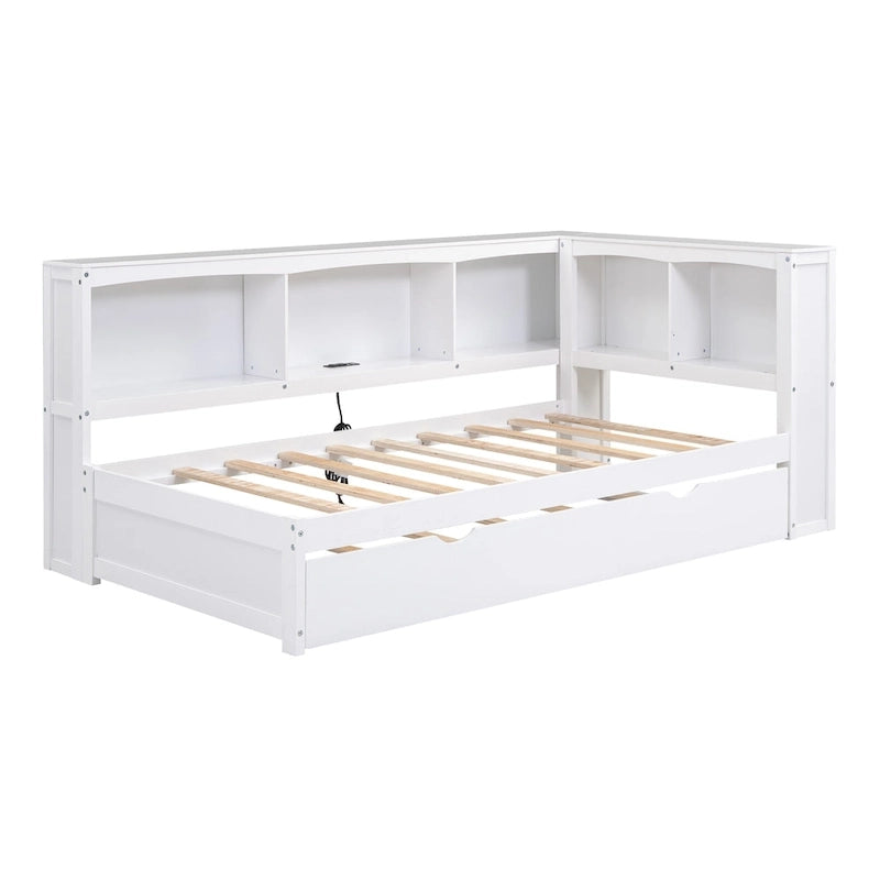 White/Wood Twin Daybed with Trundle, 5 Storage Cabinets & USB Charging – Sleeps 2