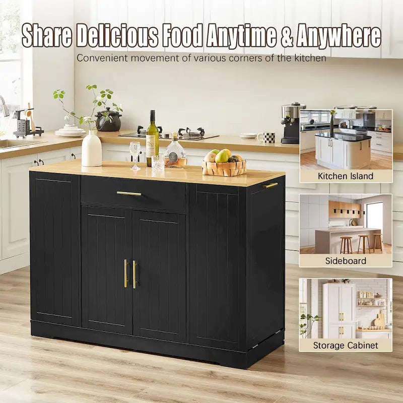 Kitchen Island with Tilt Out Trash Can Holder, Mobile Islands Table with Drawer, Adjustable Shelves & 3 Layer Open Side Racks