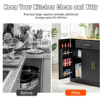 Kitchen Island with Tilt Out Trash Can Holder, Mobile Islands Table with Drawer, Adjustable Shelves & 3 Layer Open Side Racks