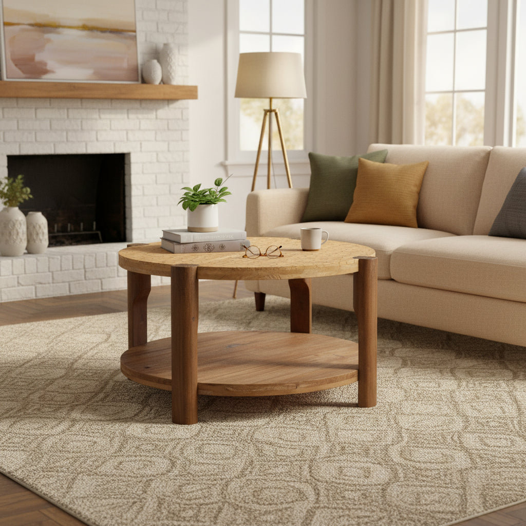 2-Tier Round Coffee Table with Storage Shelf