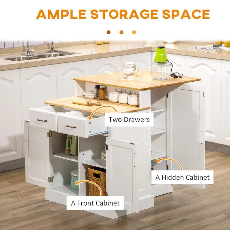 Kitchen Island with Storage Cabinet and 2-Level Rubber Wood Tabletop, Island Table with Adjustable Shelves and Drawers