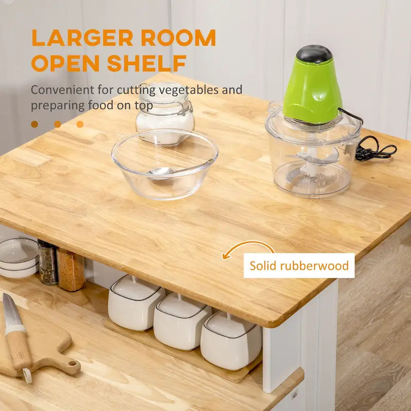Kitchen Island with Storage Cabinet and 2-Level Rubber Wood Tabletop, Island Table with Adjustable Shelves and Drawers