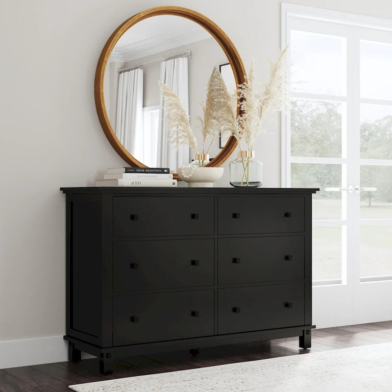 Black 6-Drawer Wood Dresser, 1-Person Bedroom Storage