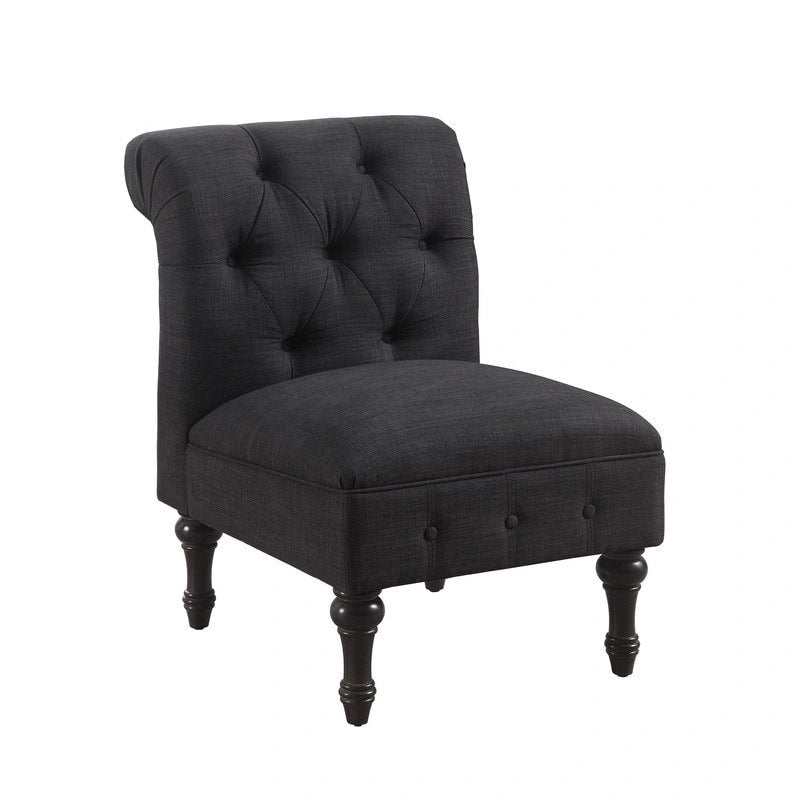 Grey Linen Chesterfield Slipper Chair, Button Tufted, Armless, 1-Seater