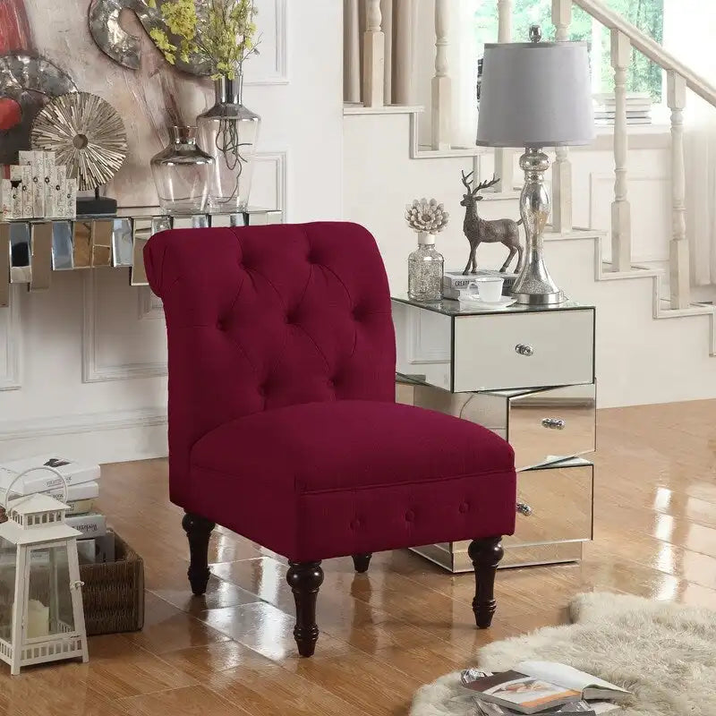 Grey Linen Chesterfield Slipper Chair, Button Tufted, Armless, 1-Seater
