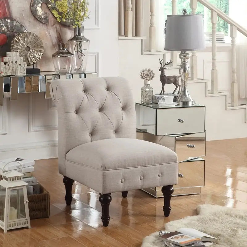 Grey Linen Chesterfield Slipper Chair, Button Tufted, Armless, 1-Seater