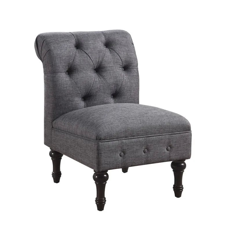 Grey Linen Chesterfield Slipper Chair, Button Tufted, Armless, 1-Seater