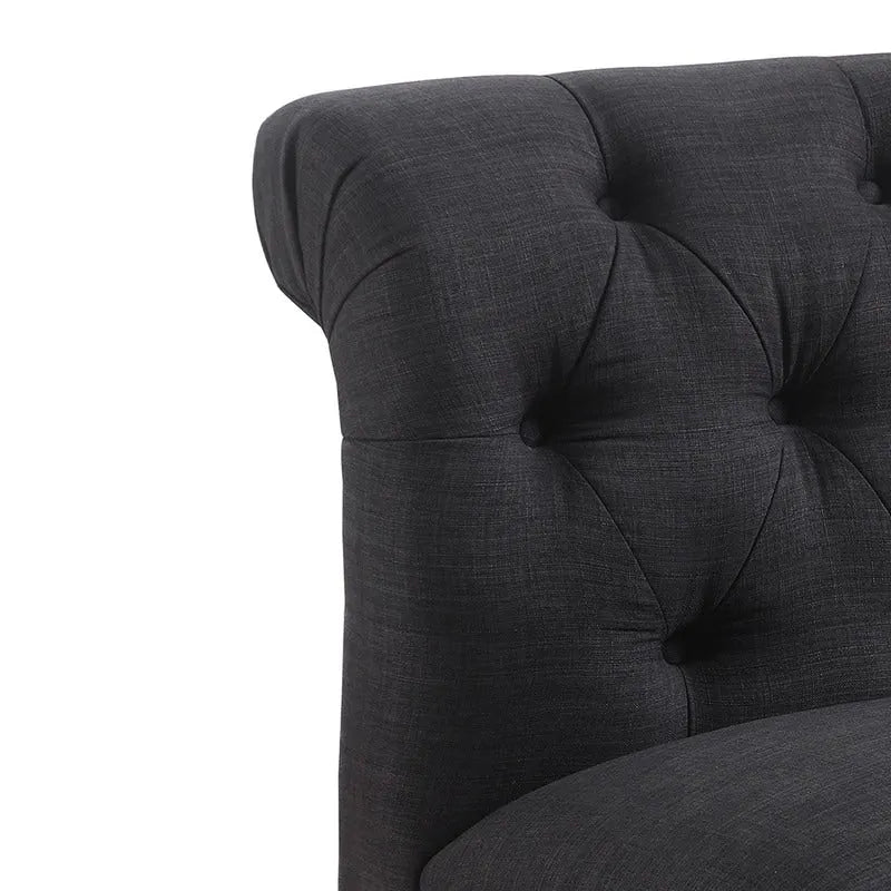Grey Linen Chesterfield Slipper Chair, Button Tufted, Armless, 1-Seater