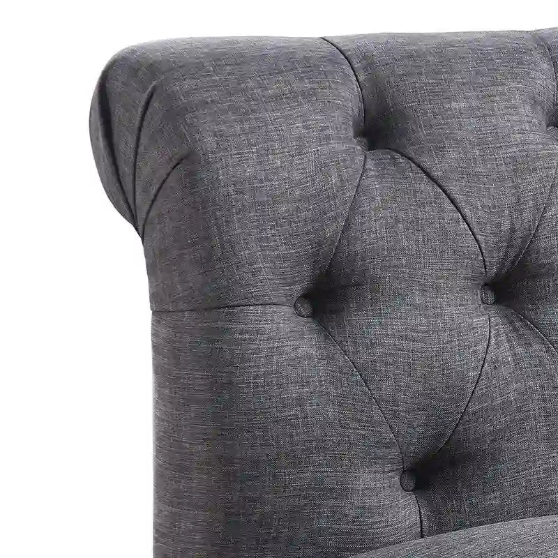 Grey Linen Chesterfield Slipper Chair, Button Tufted, Armless, 1-Seater