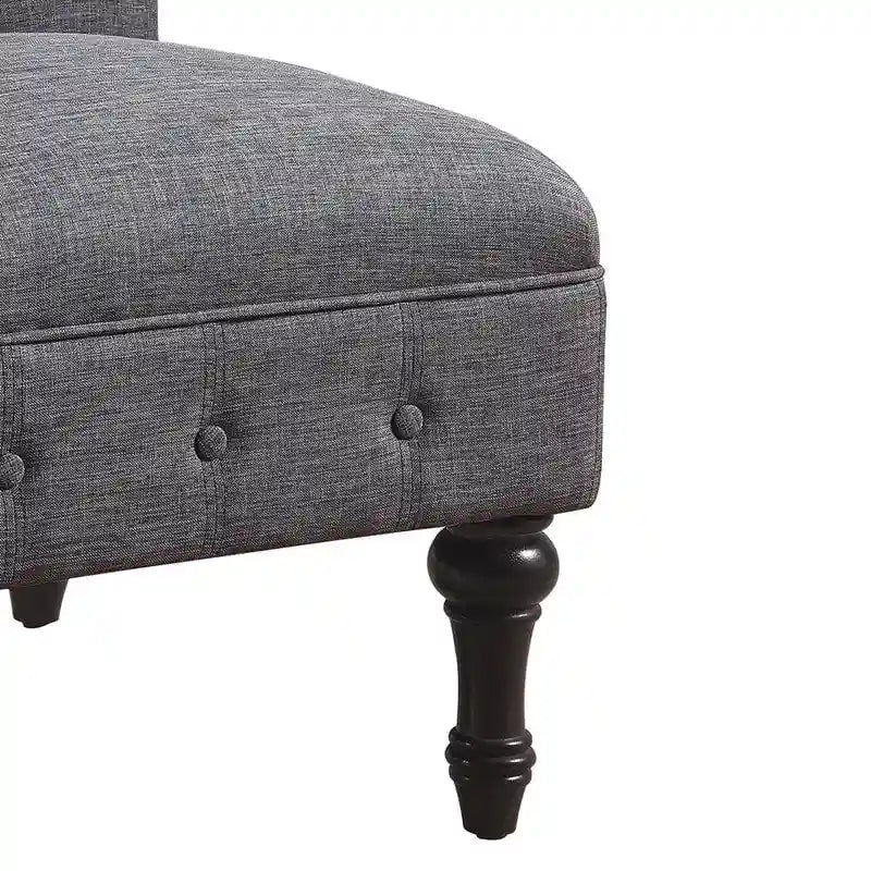Grey Linen Chesterfield Slipper Chair, Button Tufted, Armless, 1-Seater