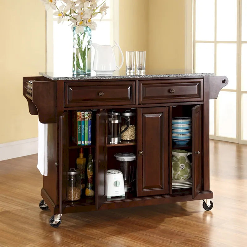 Brown Mahogany Kitchen Cart with Gray Granite Top & Storage, Mobile