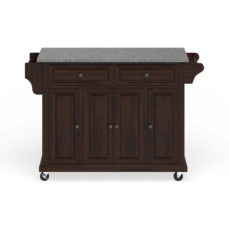 Brown Mahogany Kitchen Cart with Gray Granite Top & Storage, Mobile