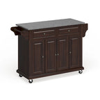 Brown Mahogany Kitchen Cart with Gray Granite Top & Storage, Mobile