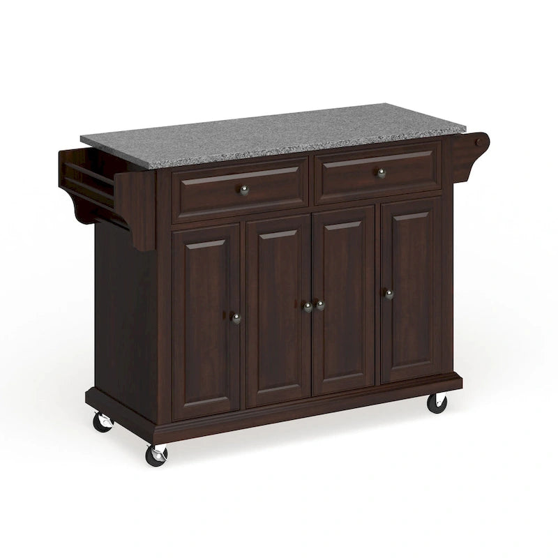 Brown Mahogany Kitchen Cart with Gray Granite Top & Storage, Mobile