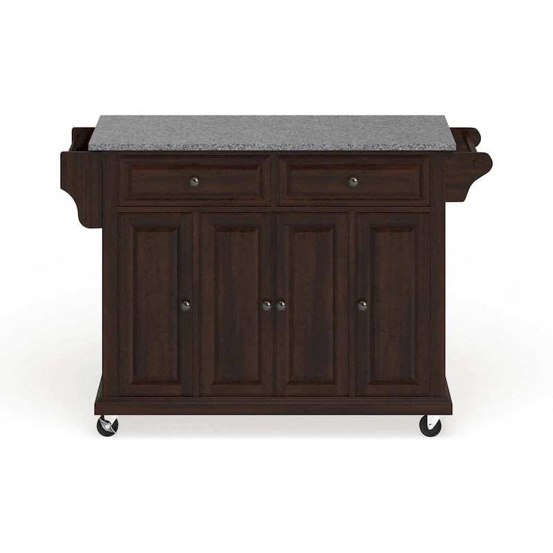 Brown Mahogany Kitchen Cart with Gray Granite Top & Storage, Mobile