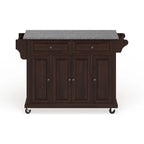 Brown Mahogany Kitchen Cart with Gray Granite Top & Storage, Mobile