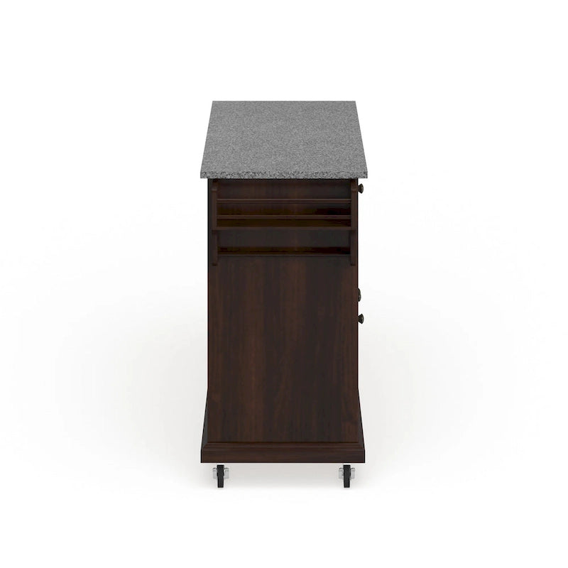 Brown Mahogany Kitchen Cart with Gray Granite Top & Storage, Mobile