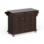 Brown Mahogany Kitchen Cart with Gray Granite Top & Storage, Mobile