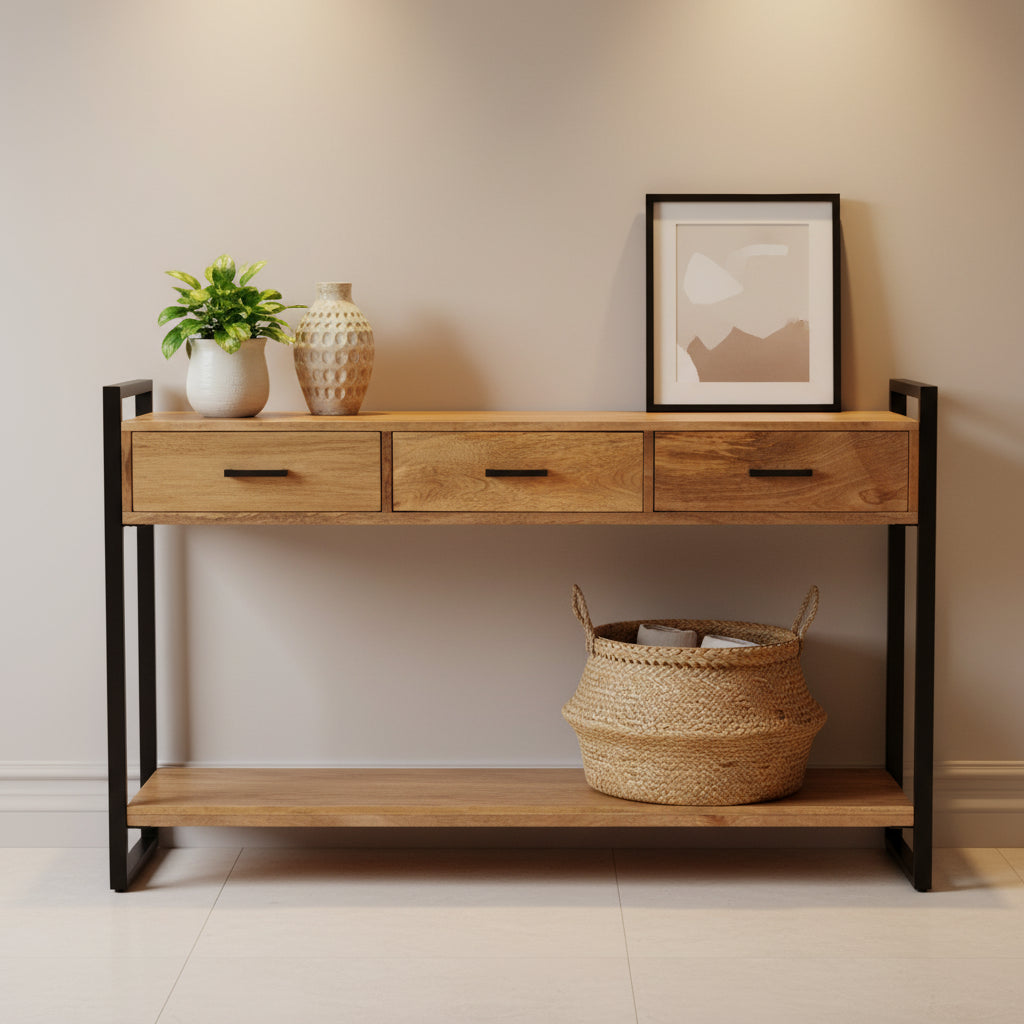 Natural Industrial Console Table, Solid Mango Wood & Metal, 54"W