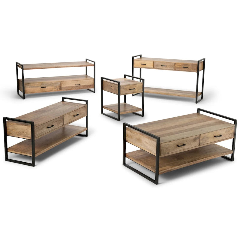 Natural Industrial Console Table, Solid Mango Wood & Metal, 54"W