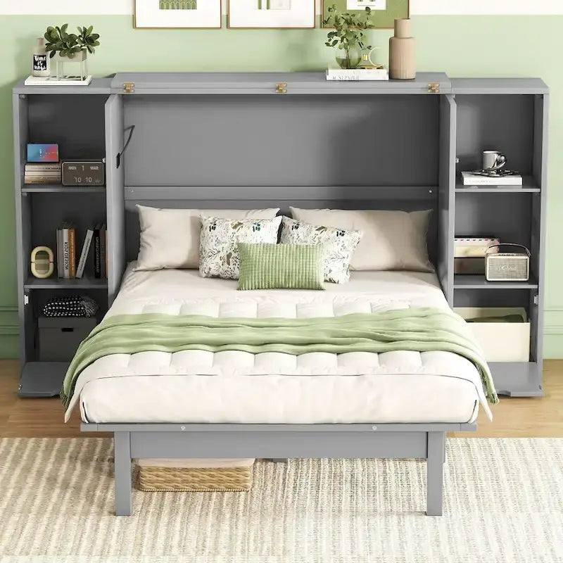 Queen-size bed with shelves, drawers and USB ports, grey