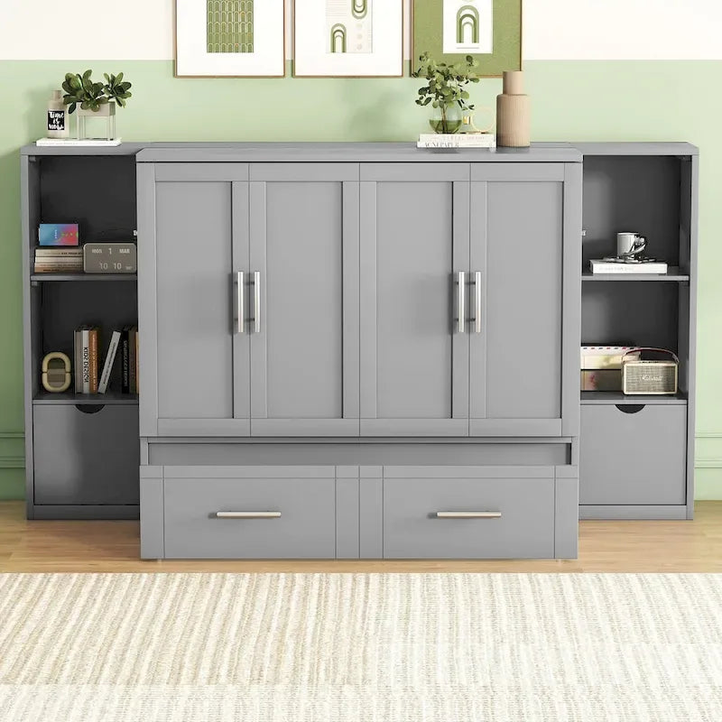 Queen-size bed with shelves, drawers and USB ports, grey