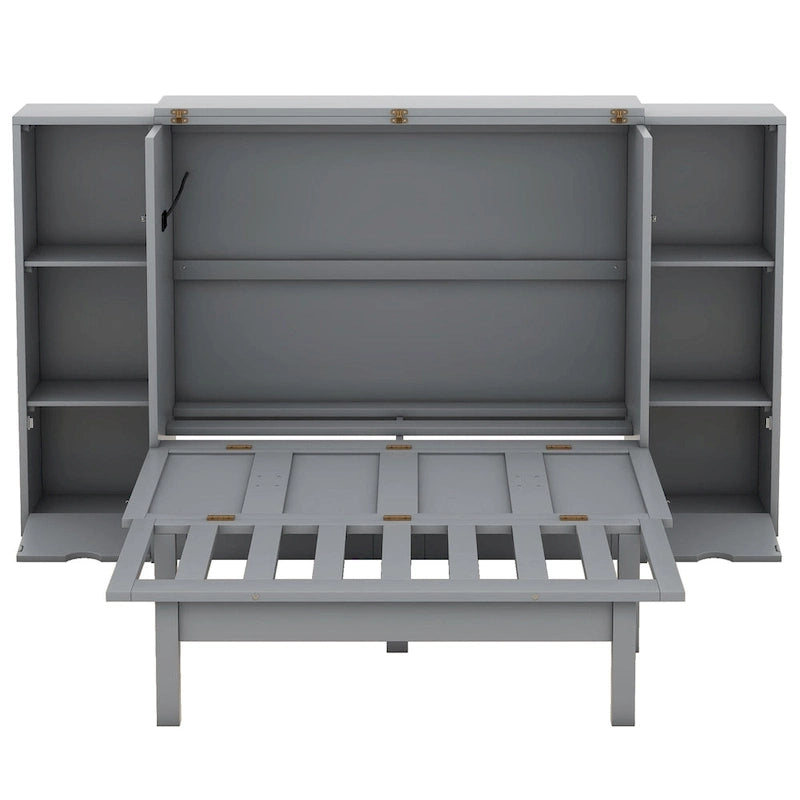 Queen-size bed with shelves, drawers and USB ports, grey