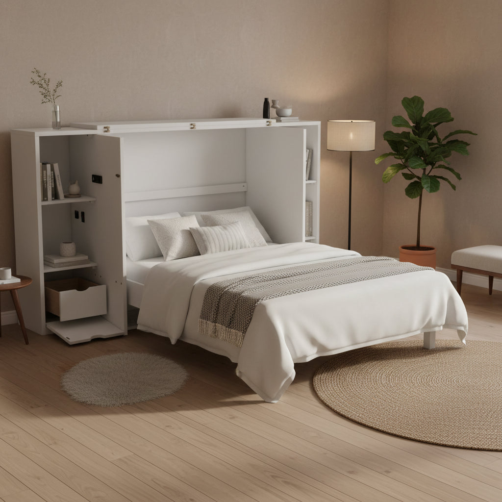 Queen-size bed with shelves, drawers and USB ports, grey