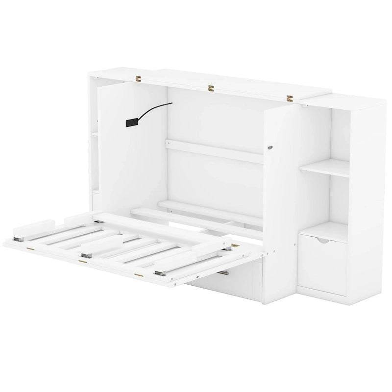 Queen-size bed with shelves, drawers and USB ports, grey
