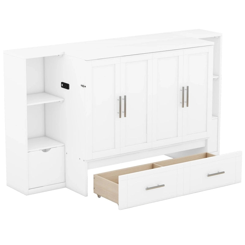 Queen-size bed with shelves, drawers and USB ports, grey