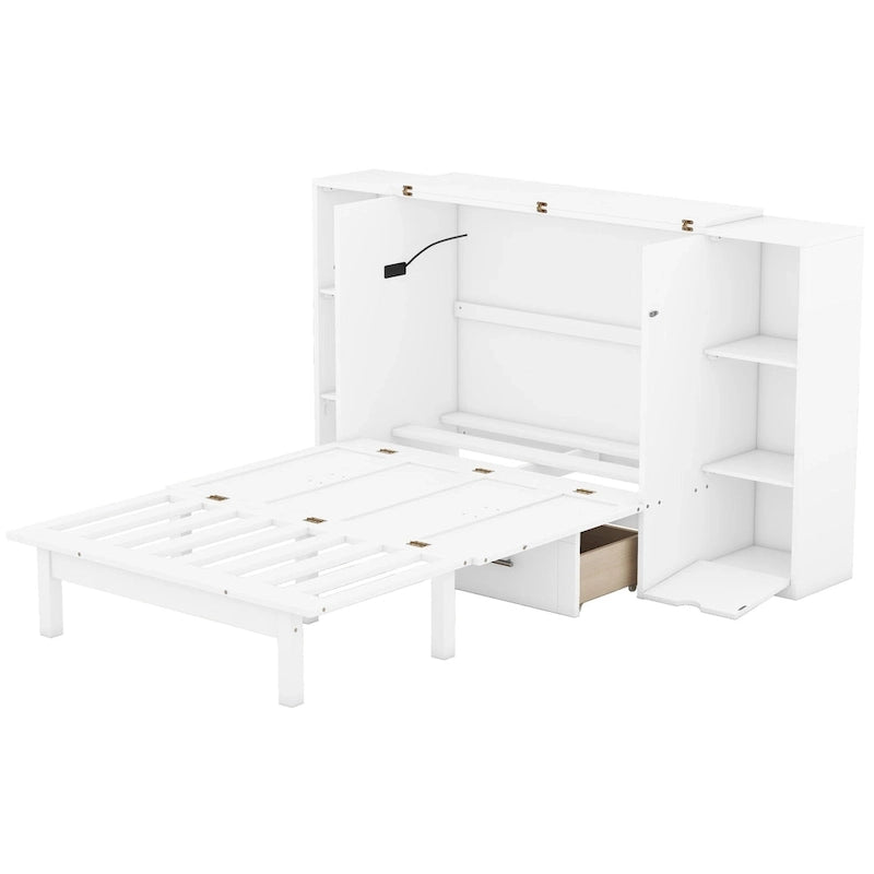 Queen-size bed with shelves, drawers and USB ports, grey