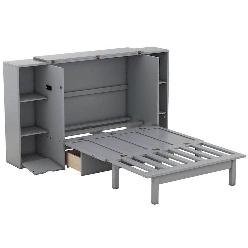 Queen-size bed with shelves, drawers and USB ports, grey