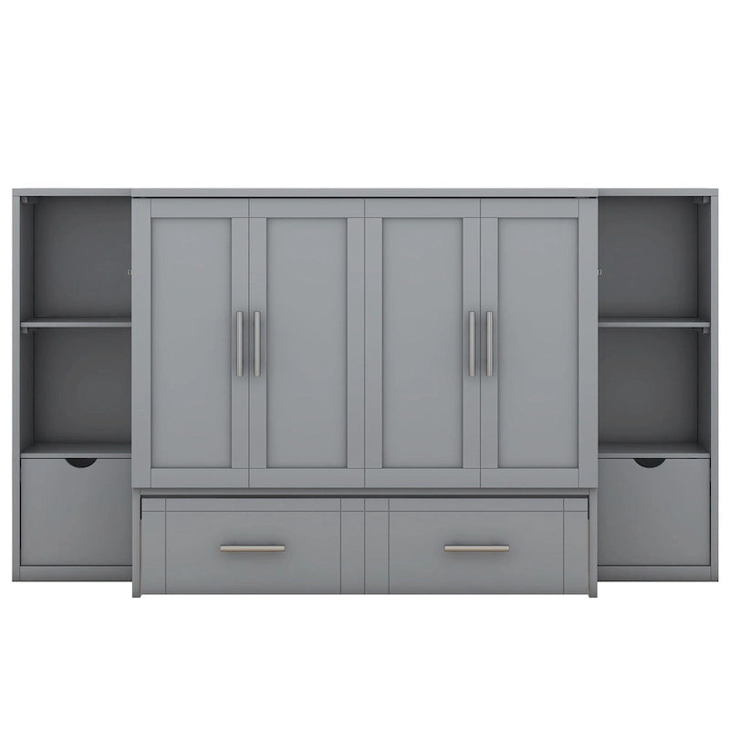 Queen-size bed with shelves, drawers and USB ports, grey