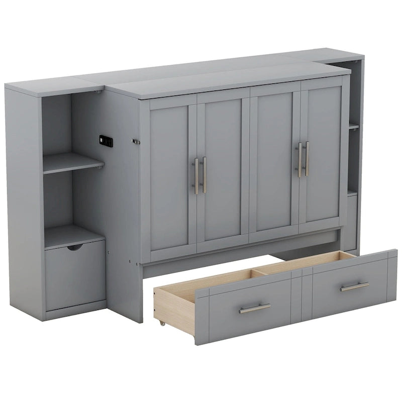 Queen-size bed with shelves, drawers and USB ports, grey