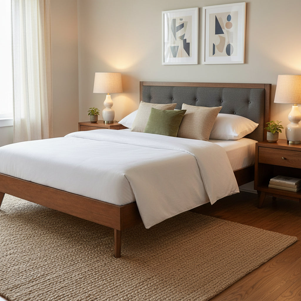 62.75 brown and gray queen size bed frame with upholstered headboard