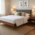 62.75 brown and gray queen size bed frame with upholstered headboard