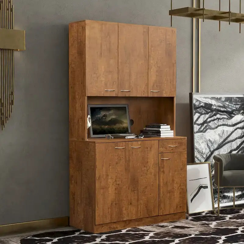 Rustic Farmhouse Tall Wardrobe, Armoire with Shelves, Open Compartment and Drawer, Freestanding Storage Closet Wardrobe Cabinet