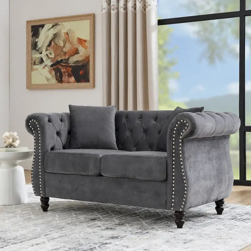 Grey/Beige Velvet Chesterfield Loveseat, Rolled Arms & Nailhead Trim, Seats 2